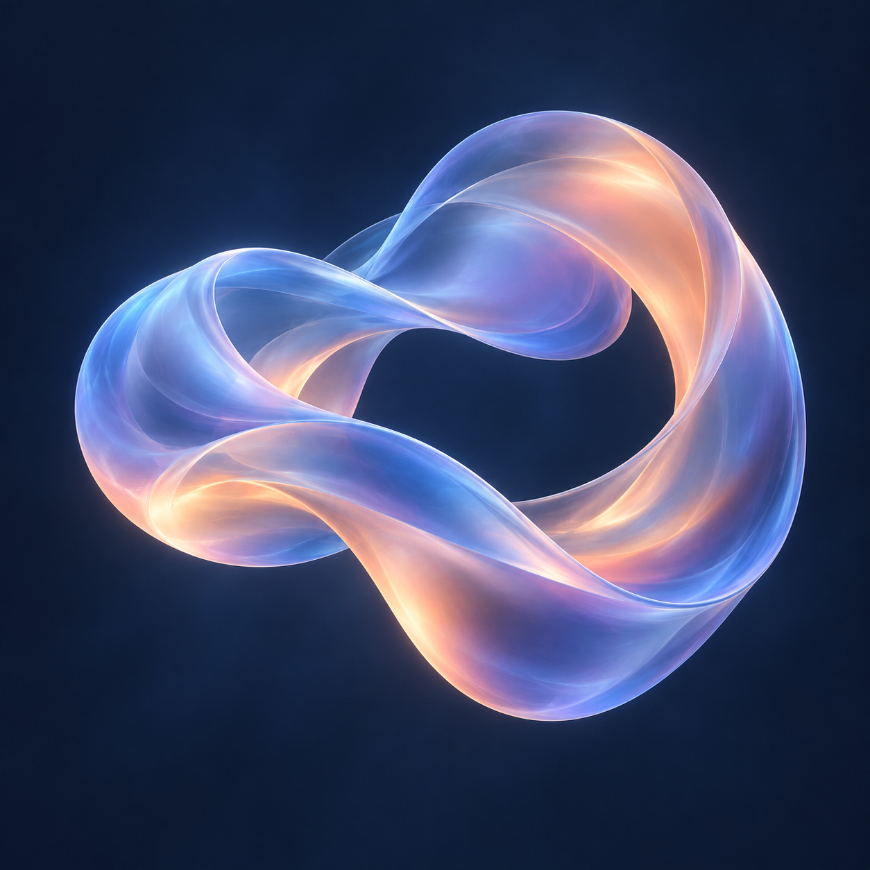 A flowing translucent ribbon loop with softly blended peach and blue light